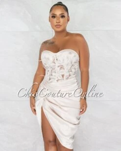 Leya Nude Embroidery Feather Satin Drape Corset Midi Dress