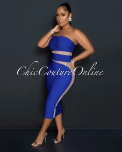 Jetta Royal Blue Nude Mesh Accent Bandage Midi Dress