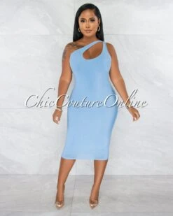 Abasi Baby Blue Key-Hole Double Lined Midi Dress