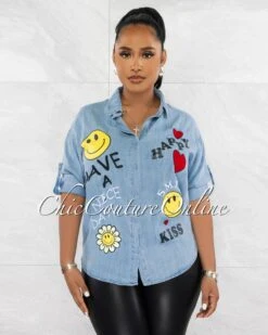 Lista Light Blue Multi-Color Patch Chambray Buttoned Shirt