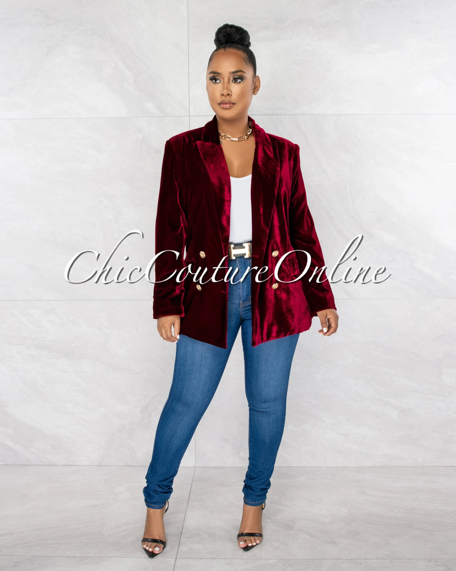 Jerrie Burgundy Velvet Double Trench Gold Buttons Blazer - Image 2