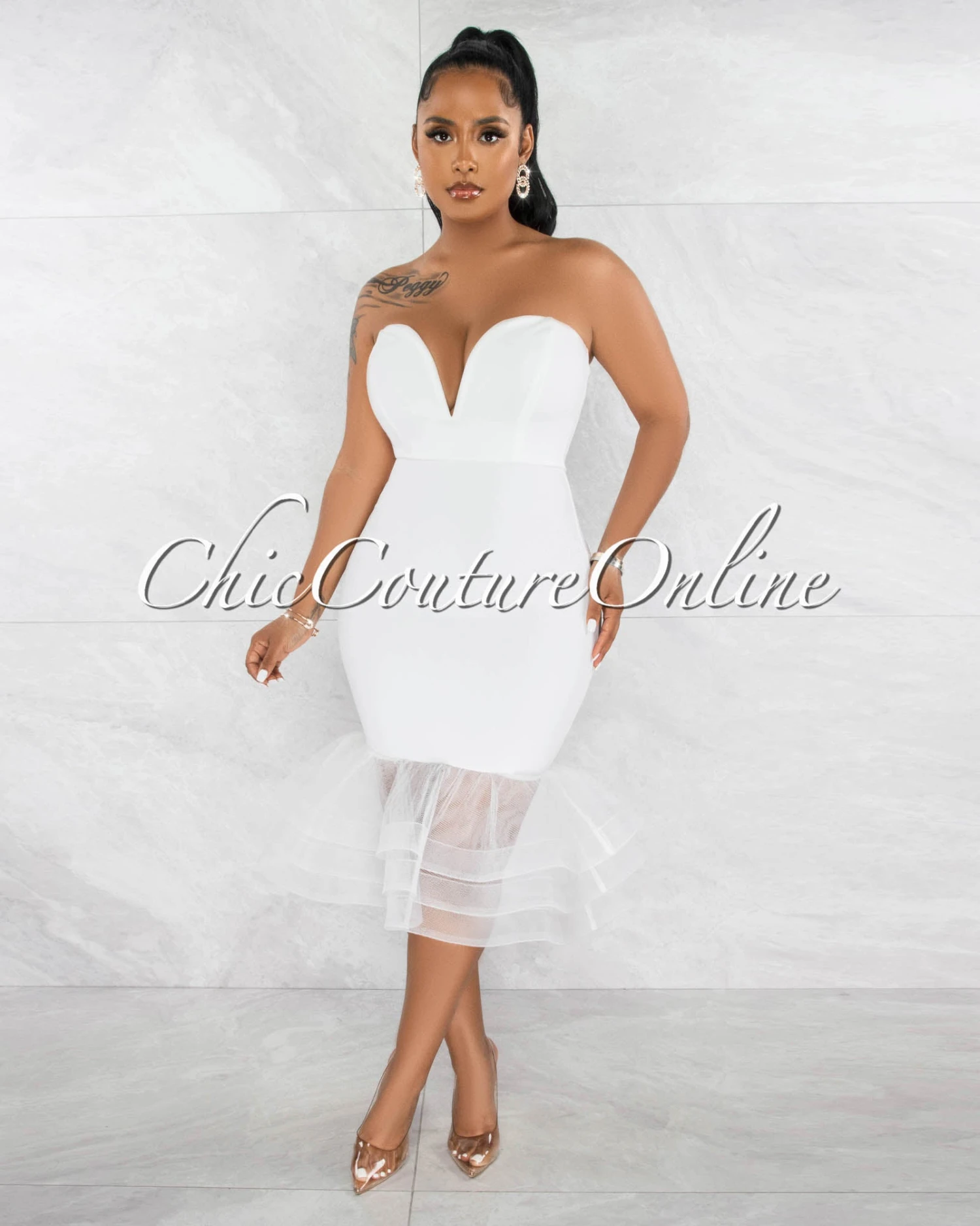 Kalani Off-White Dramatic Tulle Ruffle Hem Midi Dress - Image 2