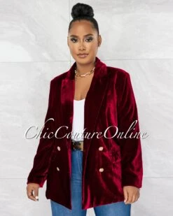 Jerrie Burgundy Velvet Double Trench Gold Buttons Blazer
