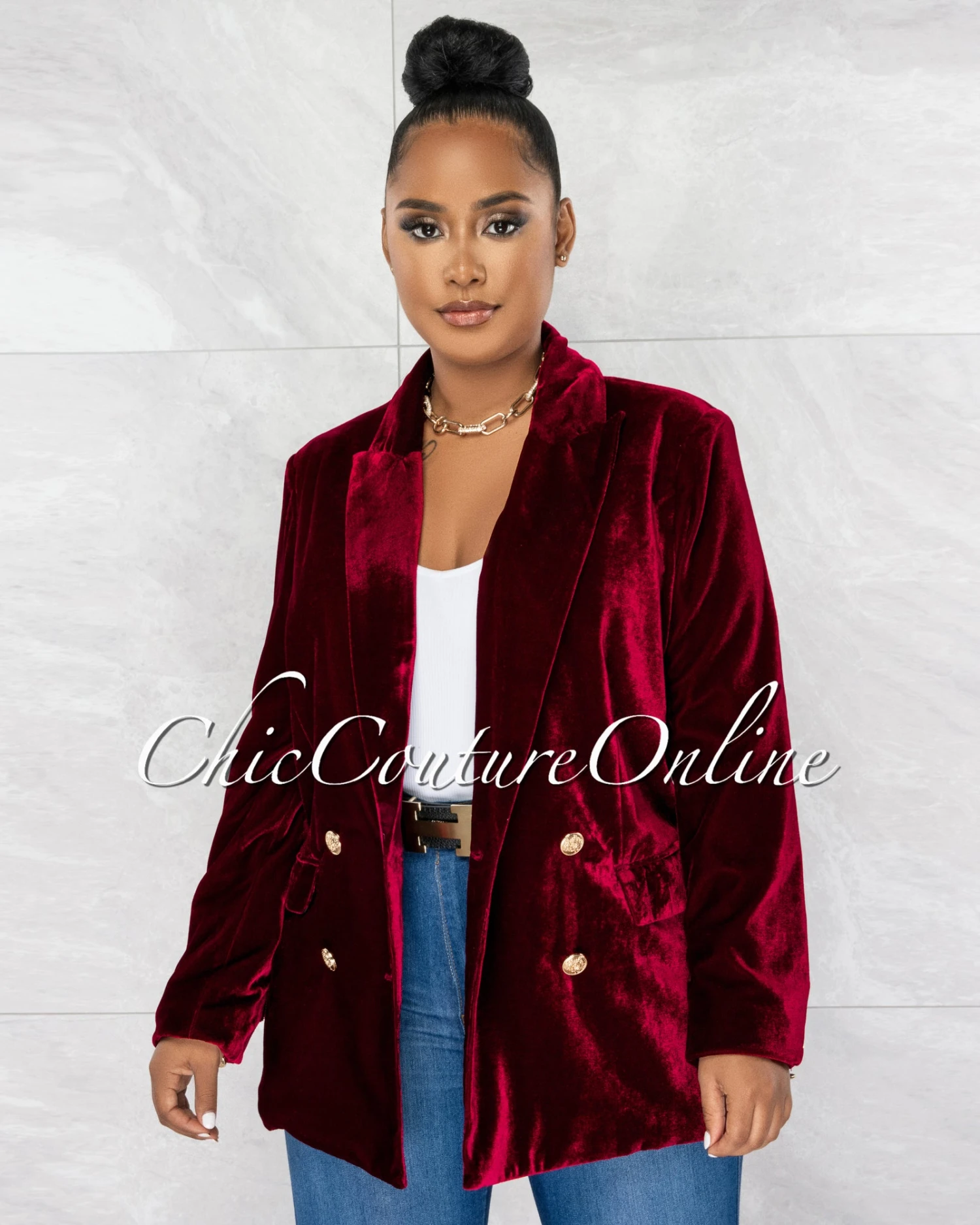Jerrie Burgundy Velvet Double Trench Gold Buttons Blazer