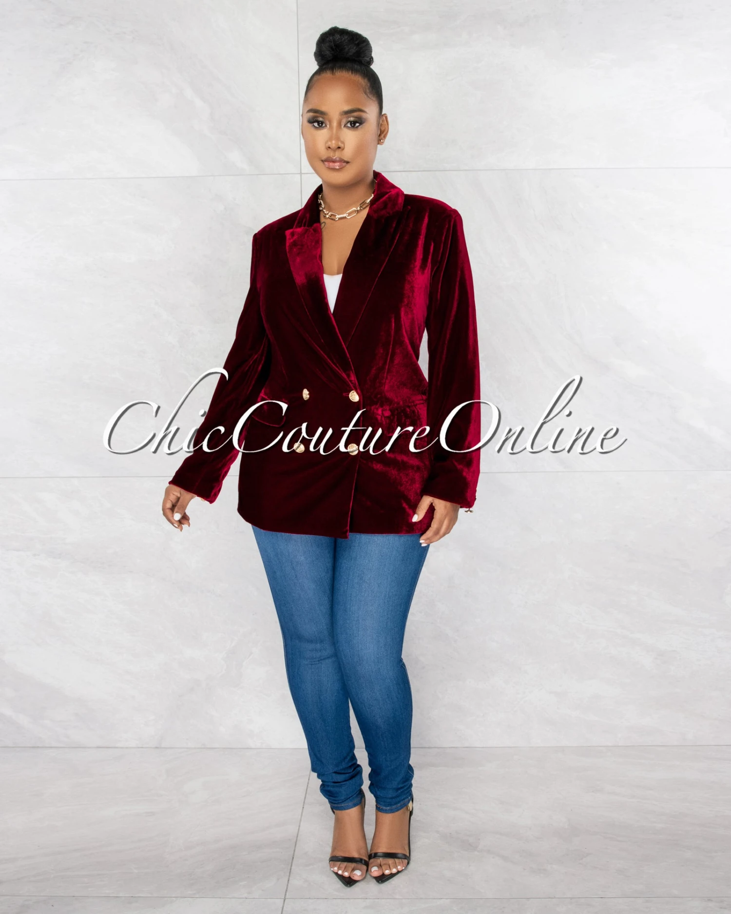 Jerrie Burgundy Velvet Double Trench Gold Buttons Blazer - Image 4