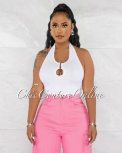 Shantae White Silver Neckline Accent Halter Crop Top