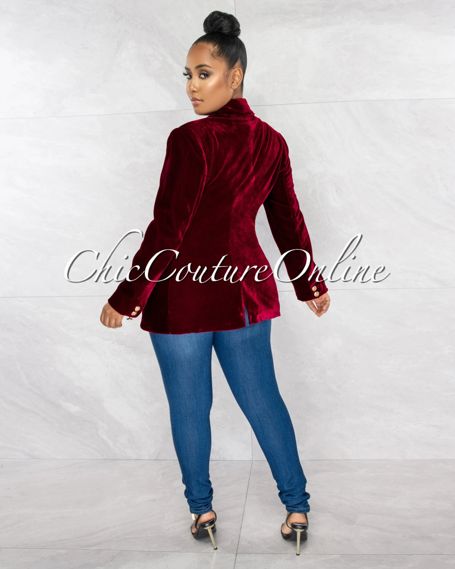 Jerrie Burgundy Velvet Double Trench Gold Buttons Blazer - Image 5