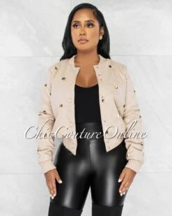 Gavina Nude Faux Leather Gold Studs Bomber Jacket