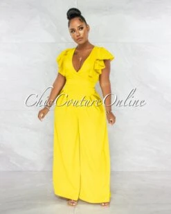 Piper Lime Yellow Ruffle Neckline Wide Legs Jumpsuit