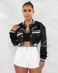 Kamil Black White Graphic Track Crop Jacket