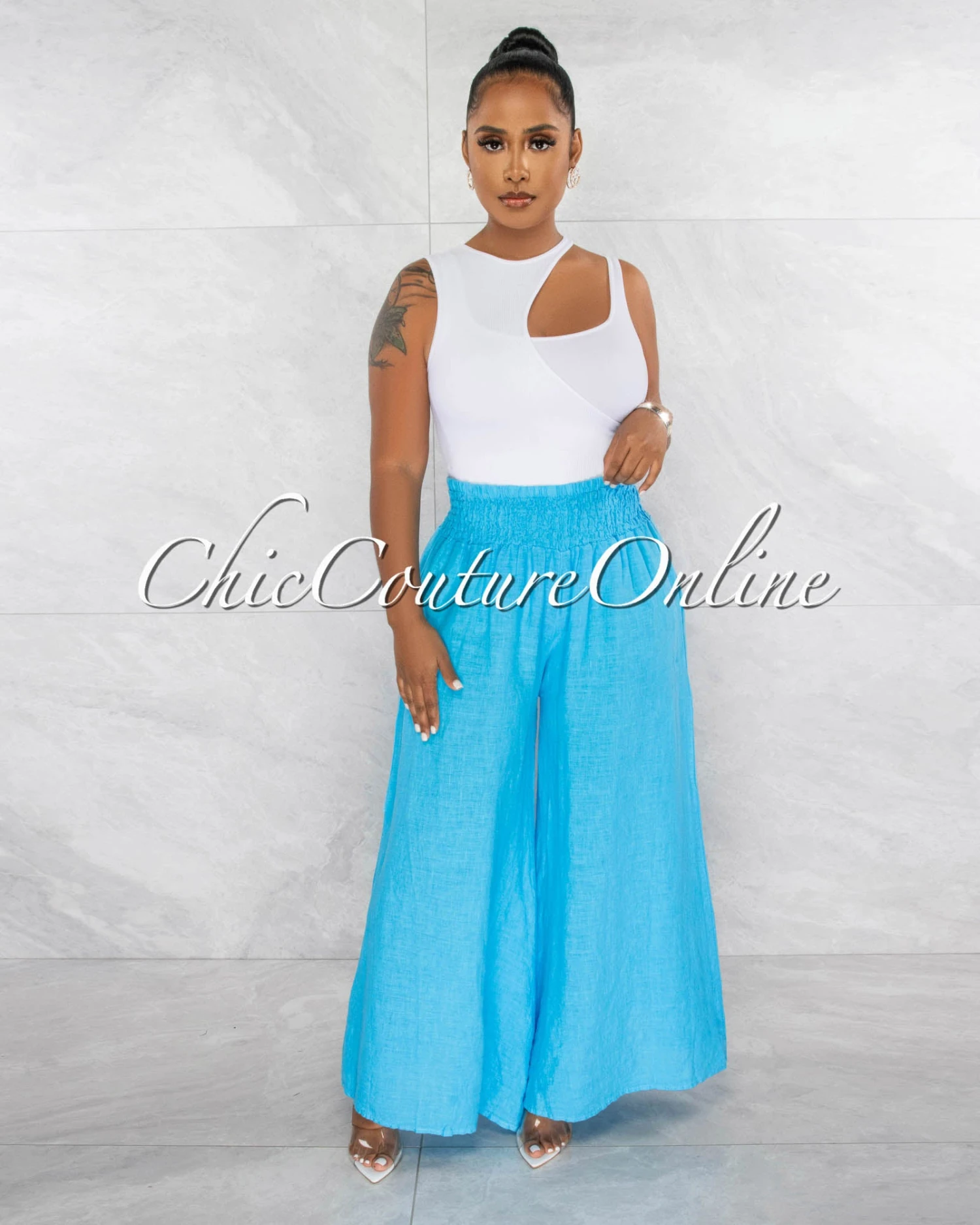 Lander Turquoise Smocked Waistband Wide Legs LINEN Pants - Image 2