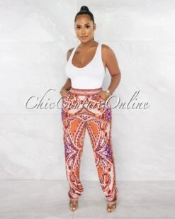 Keana Rust Multi-Color Print Wide Silky Pants