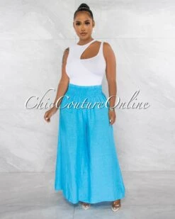 Lander Turquoise Smocked Waistband Wide Legs LINEN Pants