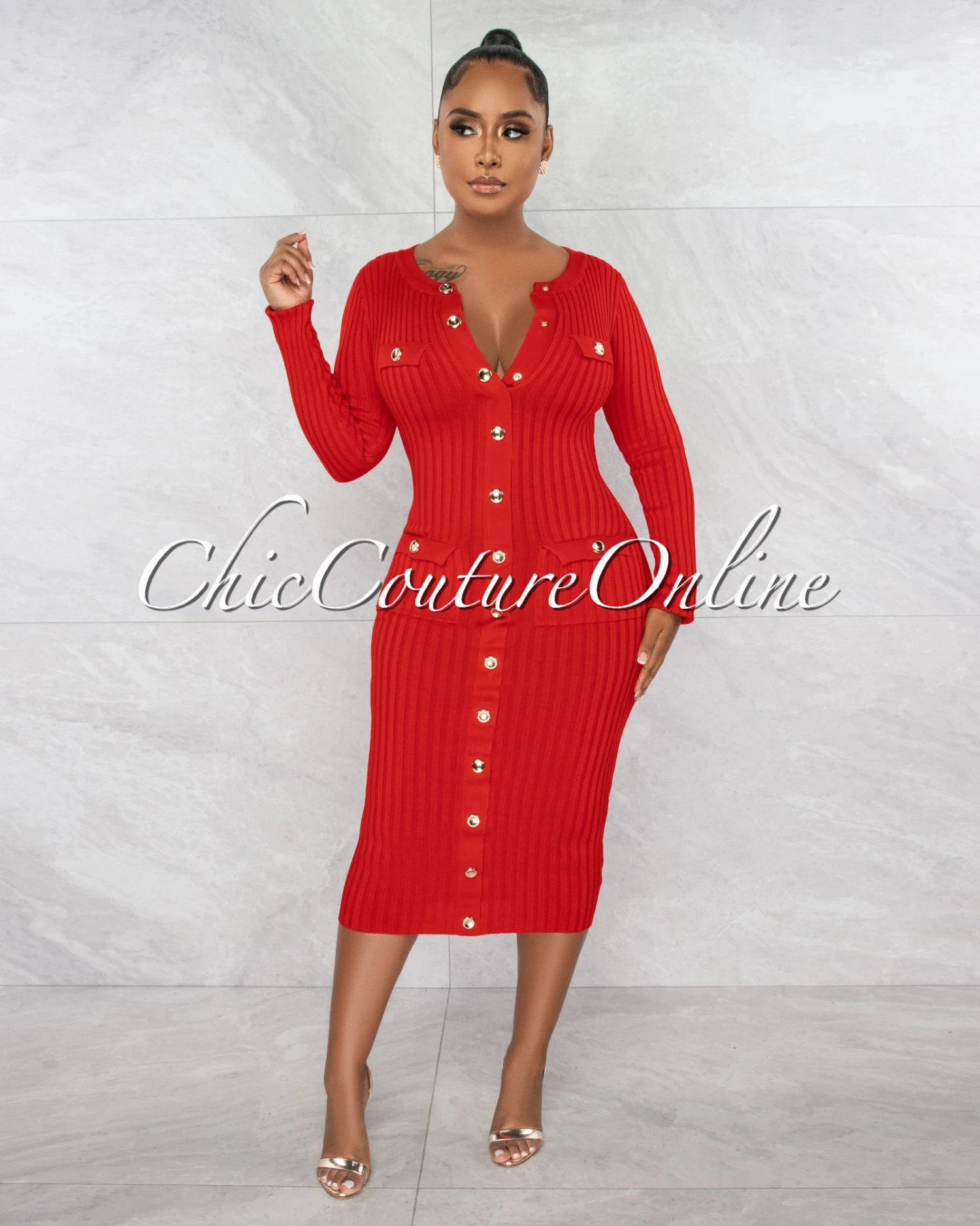 Dayami Red Gold Snaps Ribbed Midi Dress - Image 2