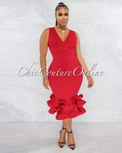 Goella Red Dramatic Ruffle Hem Dress