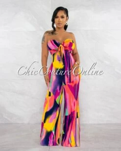 Benedicta Pink Multi-Color Print Bust Tie Strapless Jumpsuit