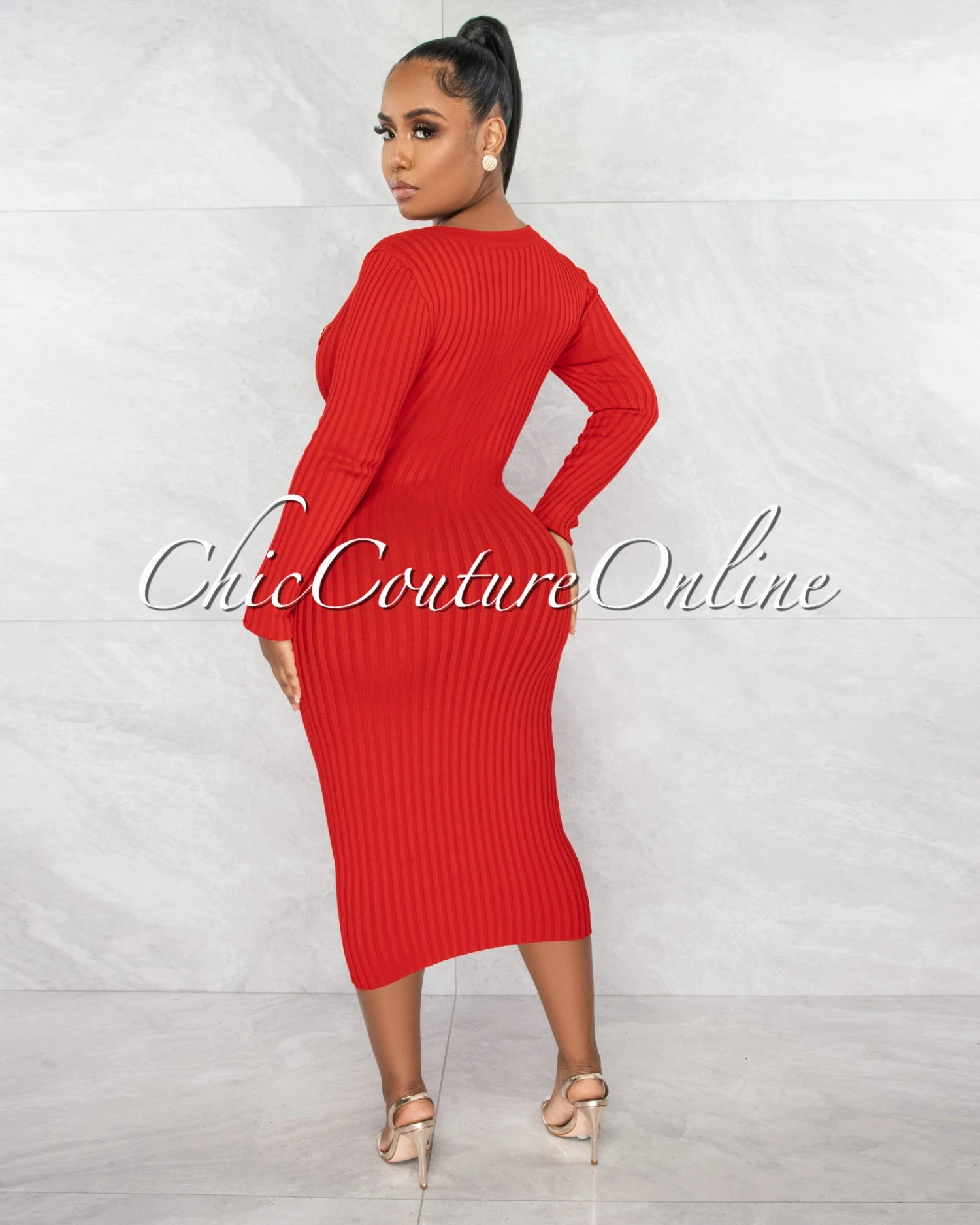 Dayami Red Gold Snaps Ribbed Midi Dress - Image 4