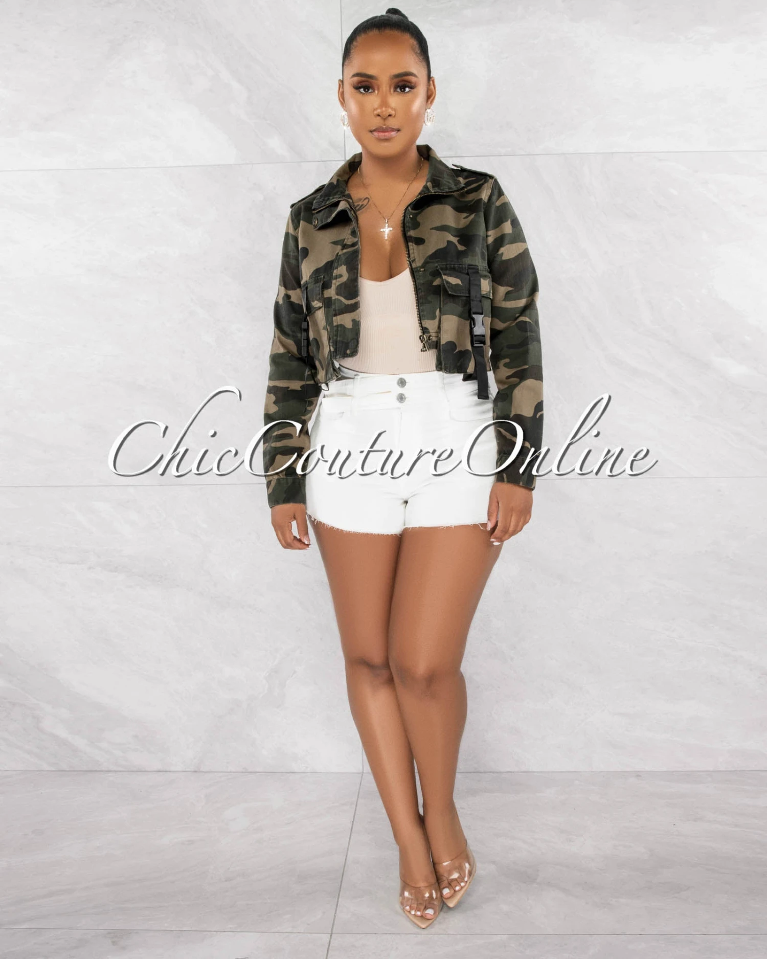 Peesar Camo Black Buckles Accent Crop Denim Jacket - Image 3
