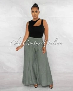 Lander Olive Green Smocked Waistband Wide Legs LINEN Pants