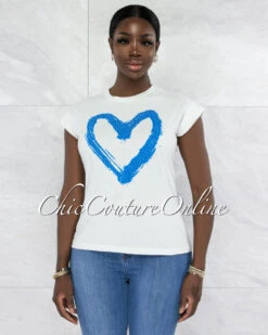 Farry White Blue Front Graphic Rhinestones T-Shirt