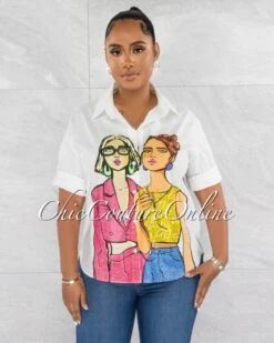 Cathy Off-White Graphic Rhinestones Detail Over-Sized Shirt