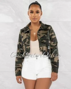 Peesar Camo Black Buckles Accent Crop Denim Jacket
