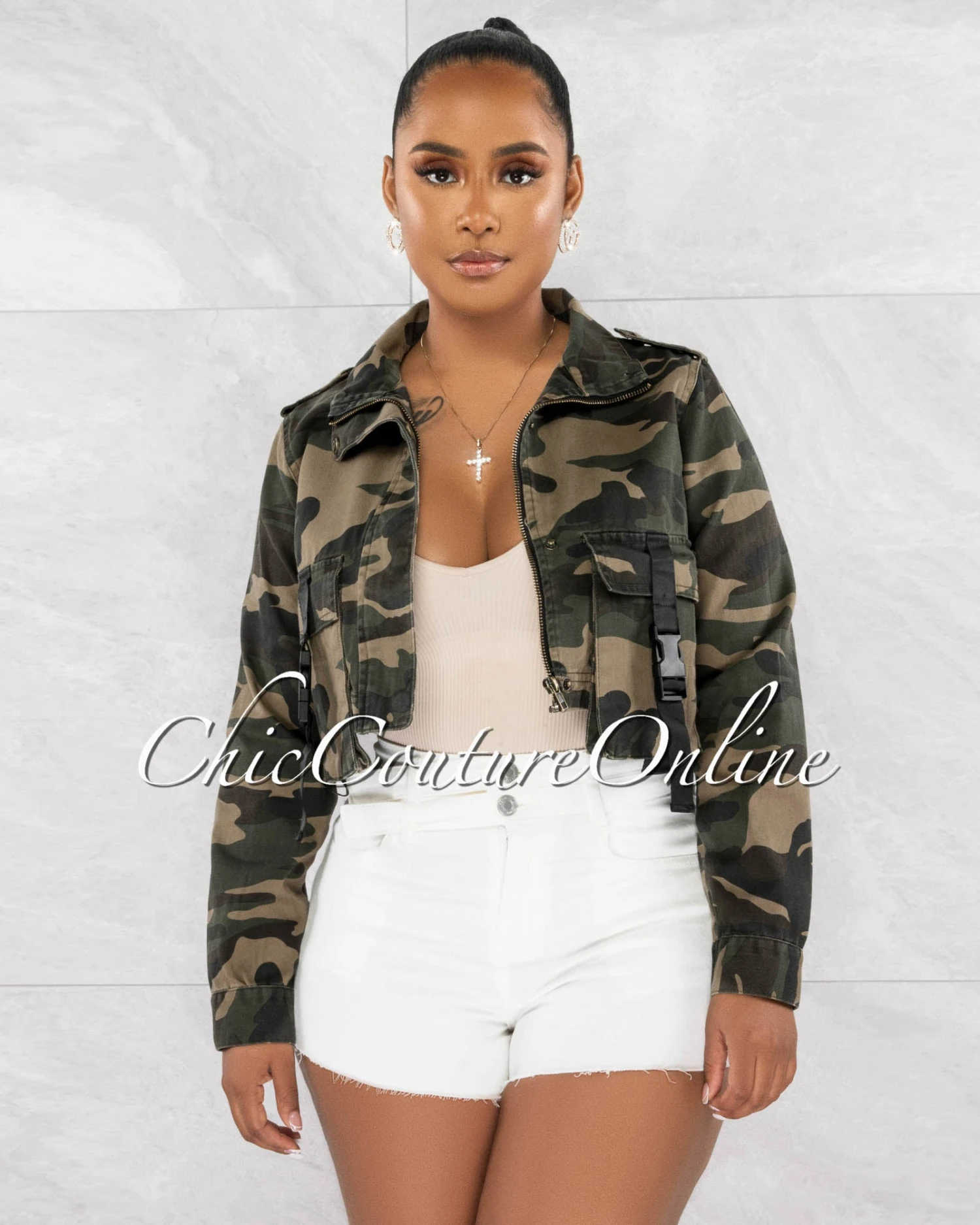 Peesar Camo Black Buckles Accent Crop Denim Jacket