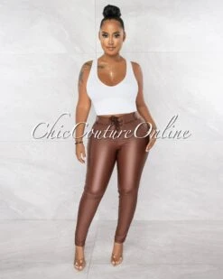 Lizza Brown Faux Leather Lace-Up Pants