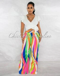 Tracie Bright Multi-Color Print Pleated Wide Pants