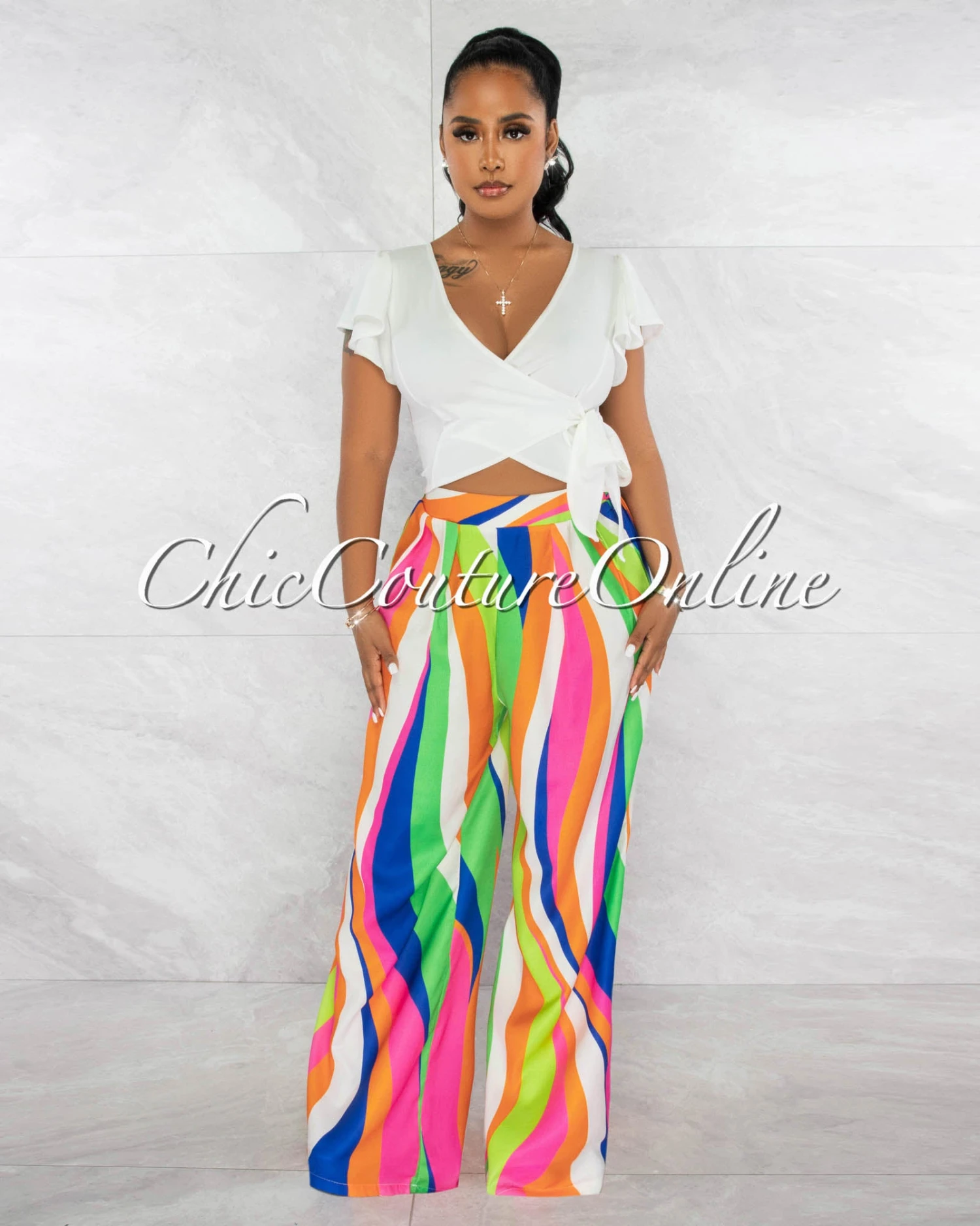 Tracie Bright Multi-Color Print Pleated Wide Pants