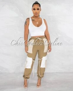 Juniva Nude Tones Silver Buckles Cargo Jogger Pants