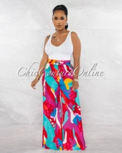 Sakir Multi-Color Print Drawstring Wide Silky Pants