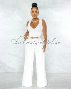 Elise Off-White Paper Bag Gold Link Belt Denim Pants