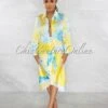 Jordina Yellow Blue Draped Front Tie Shirt Silky Midi Dress