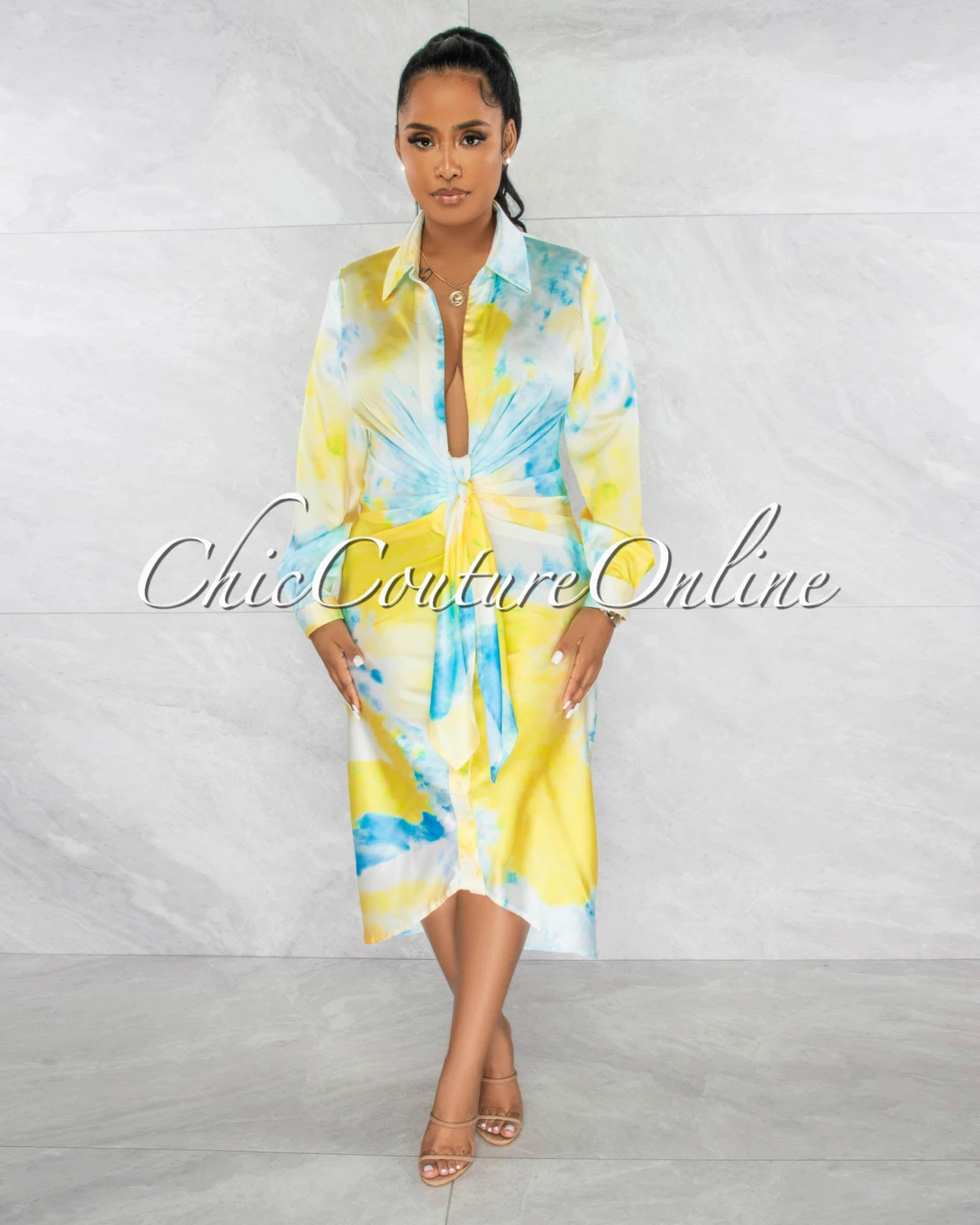 Jordina Yellow Blue Draped Front Tie Shirt Silky Midi Dress