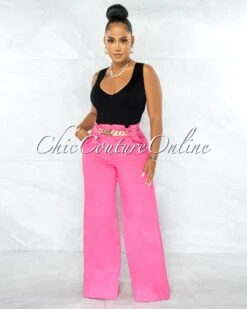 Elise Fuchsia Paper Bag Gold Link Belt Denim Pants
