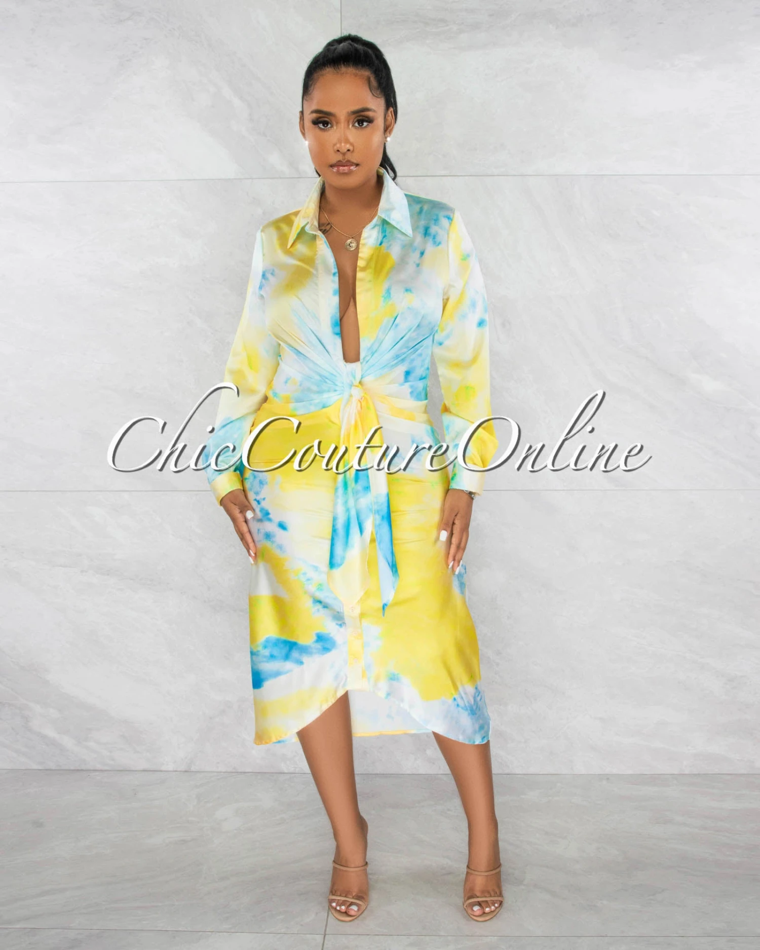 Jordina Yellow Blue Draped Front Tie Shirt Silky Midi Dress - Image 2