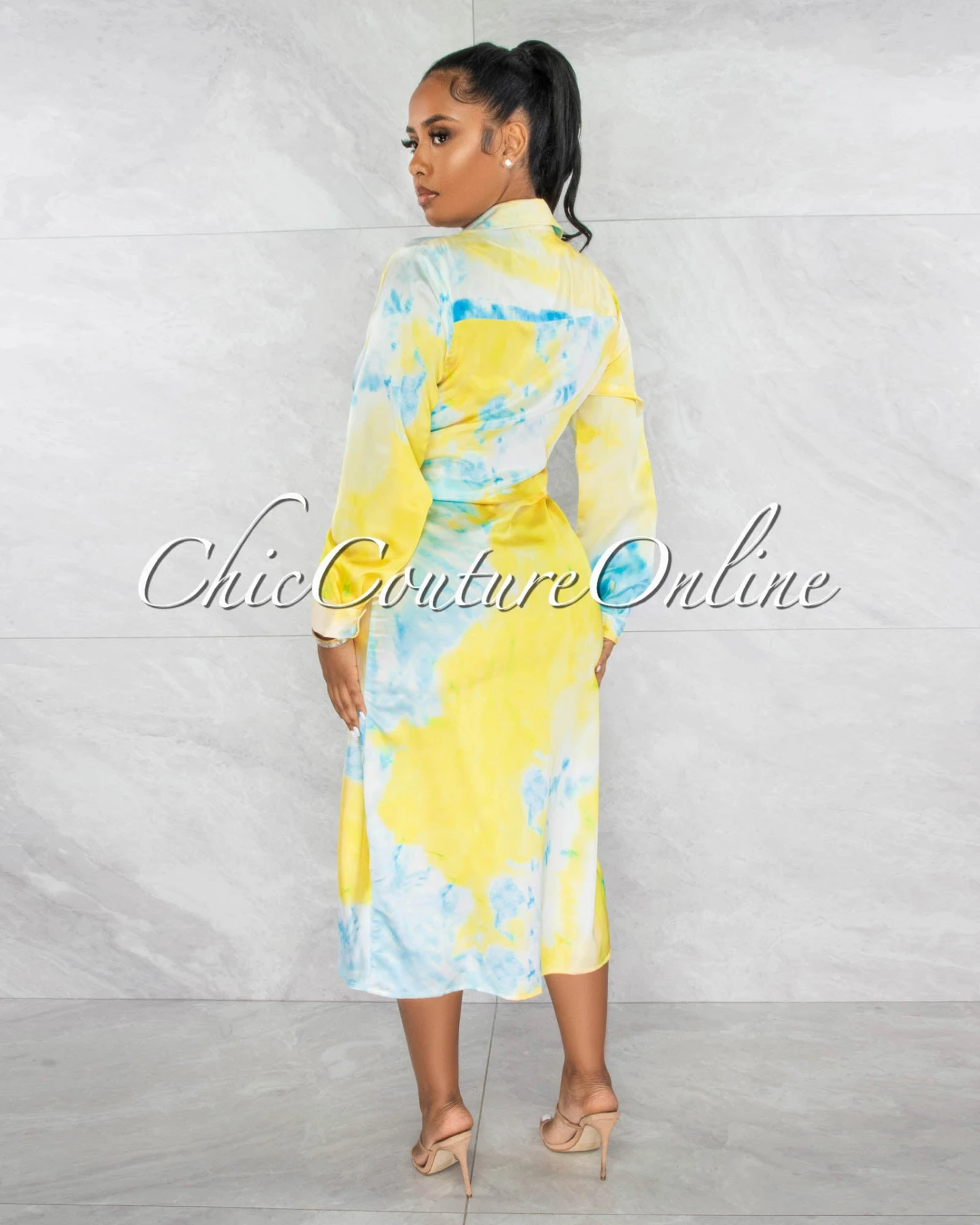 Jordina Yellow Blue Draped Front Tie Shirt Silky Midi Dress - Image 3