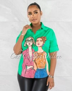 Cathy Green Graphic Rhinestones Detail Over-Sized Shirt