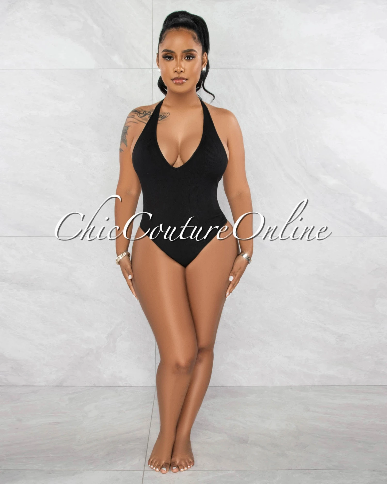 Orada Black Halter Ribbed Body-Con Bodysuit - Image 2
