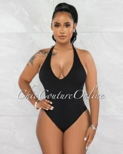 Orada Black Halter Ribbed Body-Con Bodysuit