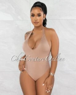 Orada Nude Halter Ribbed Body-Con Bodysuit