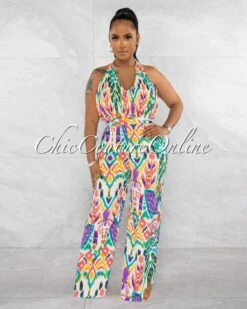 Beya Ivory Multi-Print Pleated Top Halter Jumpsuit