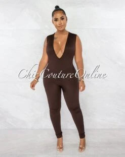 Caitlyn Brown V-Neck Ribbed Sculpting Jumpsuit