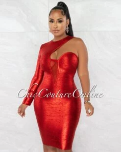 Clive Red Foil Single Shoulder Design Bandage Dress