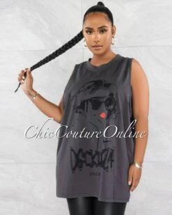 Nesta Grey Front Graphic Over-Sized Tank Top