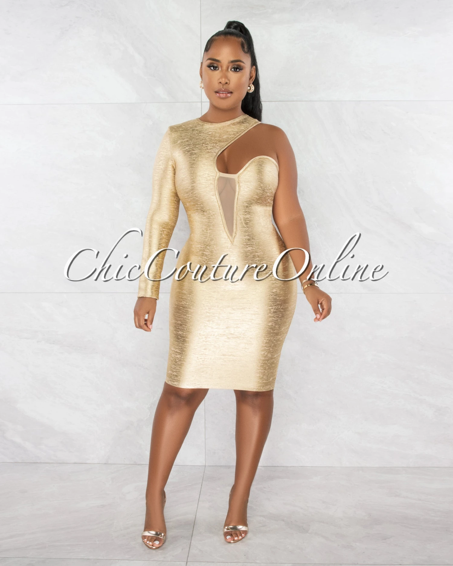Clive Nude Gold Foil Single Shoulder Design Bandage Dress - Image 3