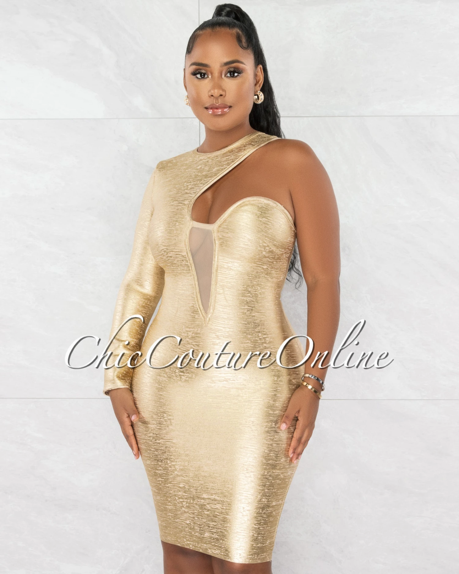 Clive Nude Gold Foil Single Shoulder Design Bandage Dress