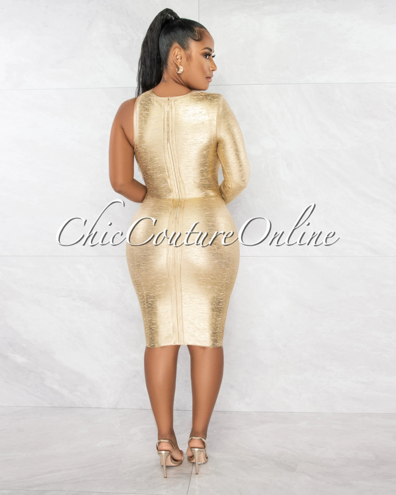 Clive Nude Gold Foil Single Shoulder Design Bandage Dress - Image 4