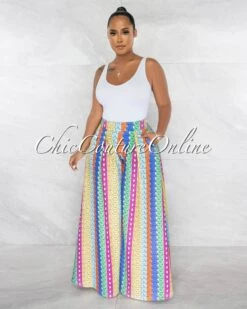Meria Multi Color Letters Print Pleated Wide Pants